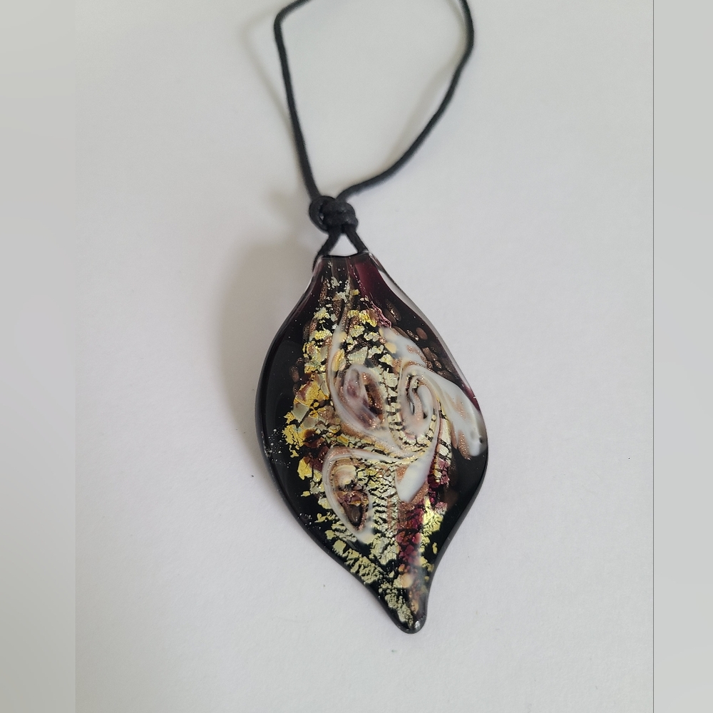 Vintage Artisan Handmade Murano Glass Black Corded Boho Chunky Pendant Necklace